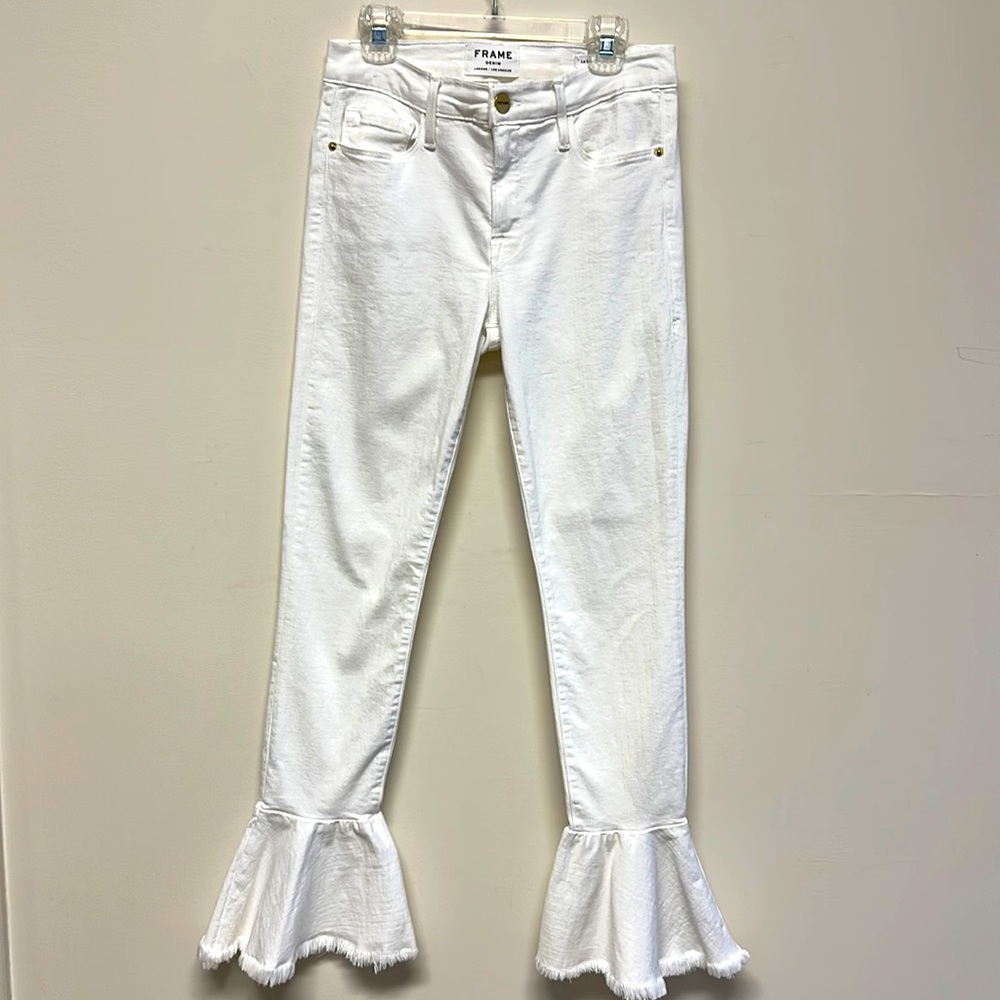 NWOT FRAME Denim White Jeans with belled frayed bottoms size 27